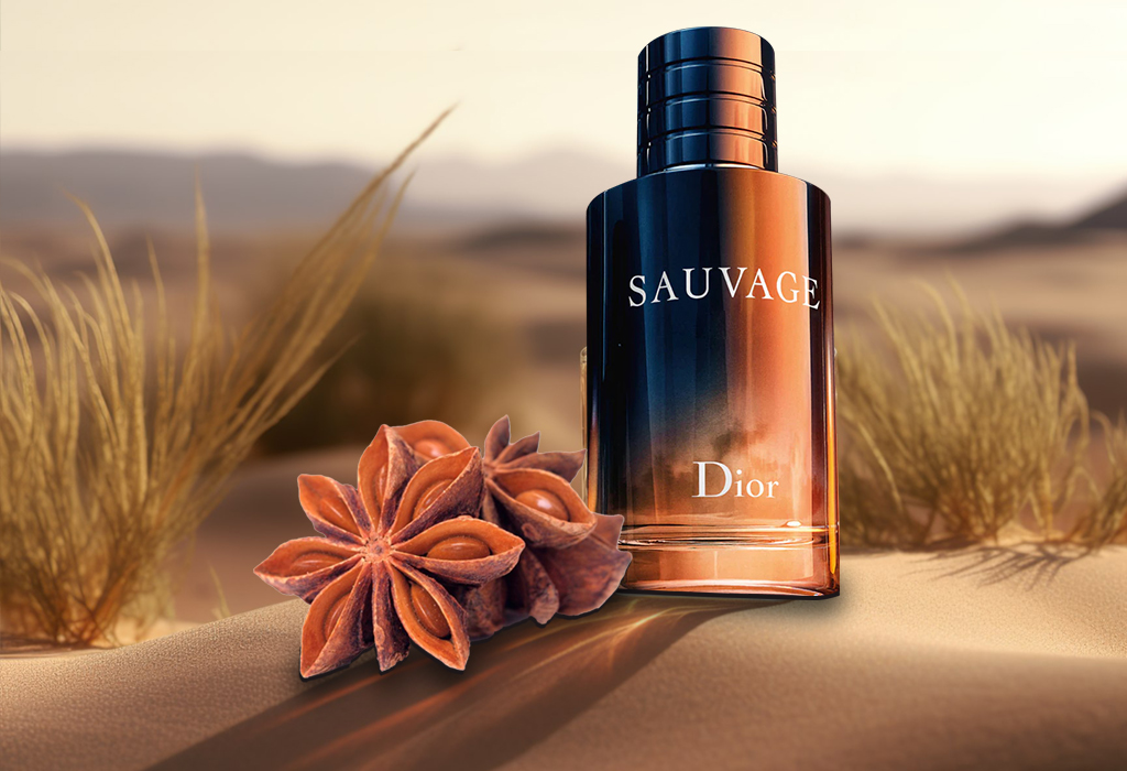 عطر مردانه Dior Sauvage روی زمین قرار گرفته است.