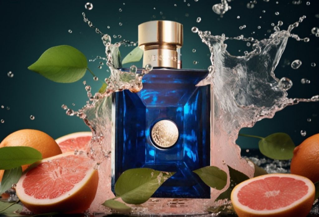در این عکس، عطر مردانه ورساچه با بطری به رنگ آبی مشاهده میشود.