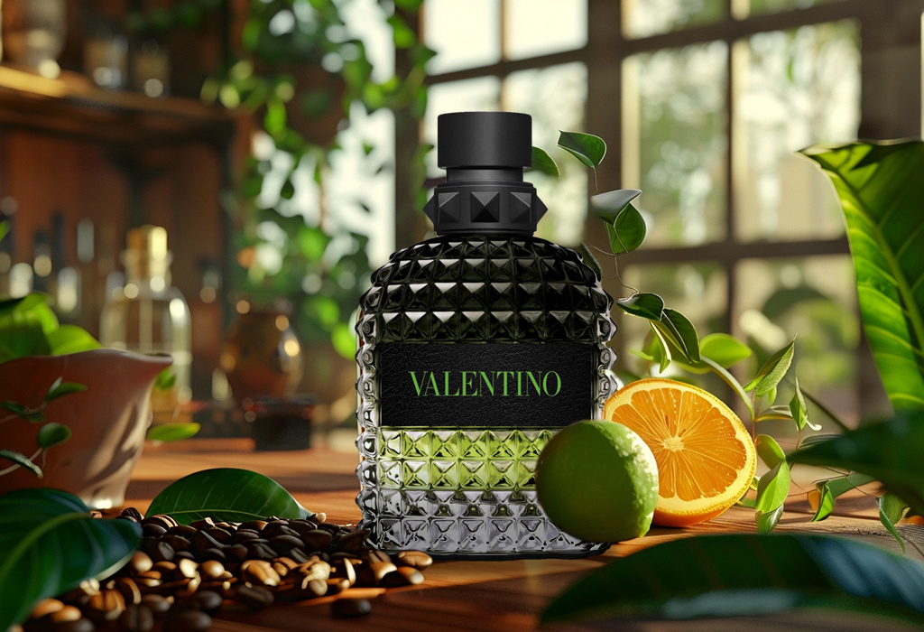 عطر مردانه ولنتینو در کنار مرکبات، برگهای سبز و دانههای قهوه قرار گرفته است.