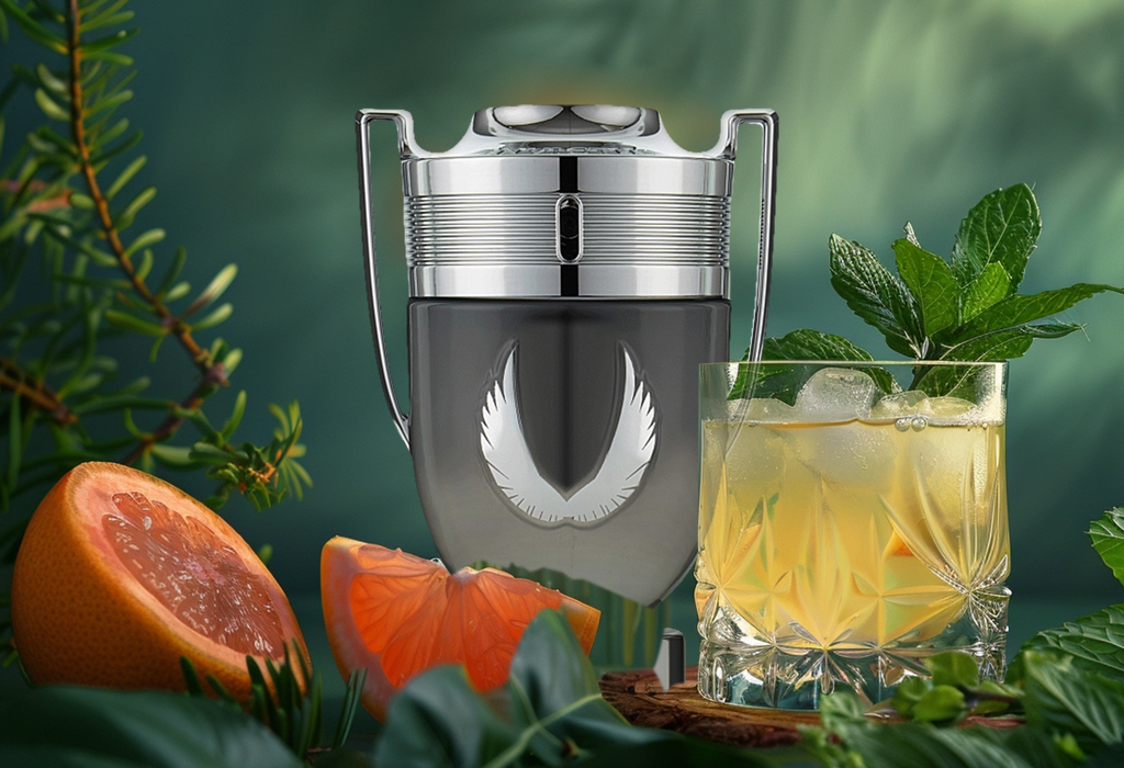 شیشهی نقرهای عطر مردانه Paco Rabanne در کنار برگهای نعناع، گریپفروت و لیوان شربت قرار دارد.