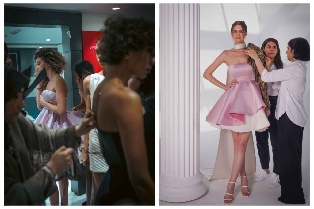 آماده سازی جزئیات در فشن ‌شو برای کالکشن بلوم از یک برند لباس ایرانی به نام رزاکانینا 