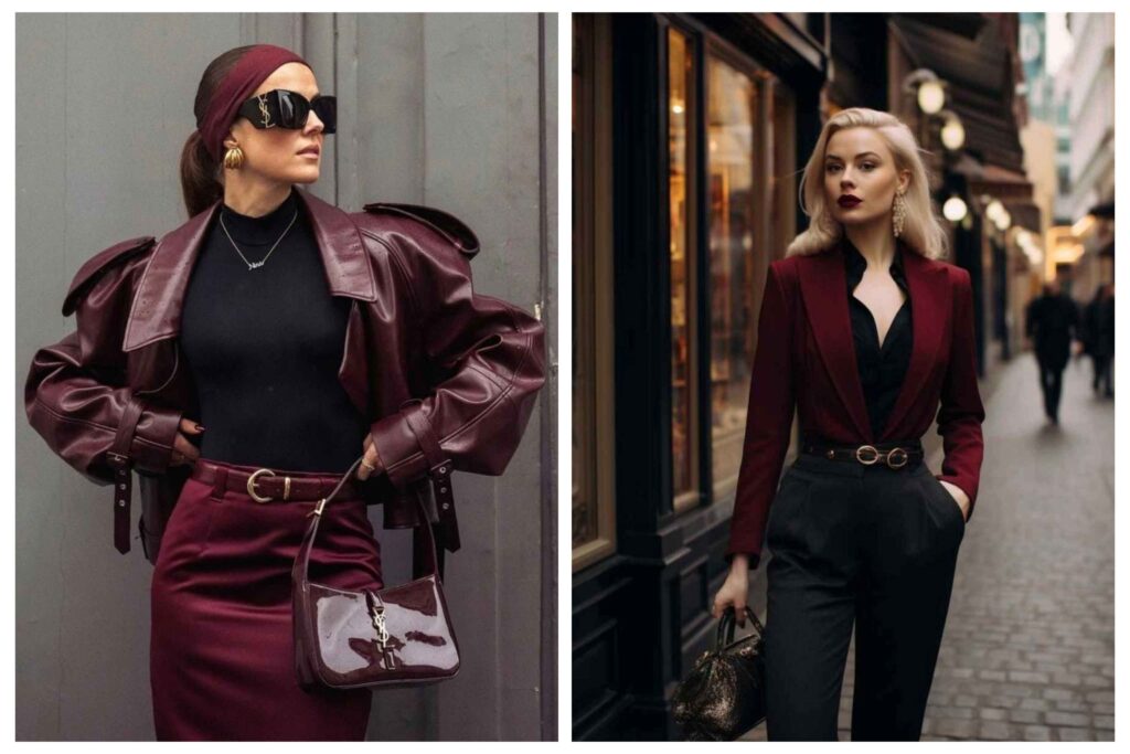 استایل کامل و دقیق زنانی زیبا با رنگ‌های مشکی و رنگ زرشکی ترند سال
