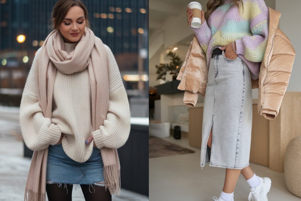 چند نمونه استایل زمستانی با دامن جین