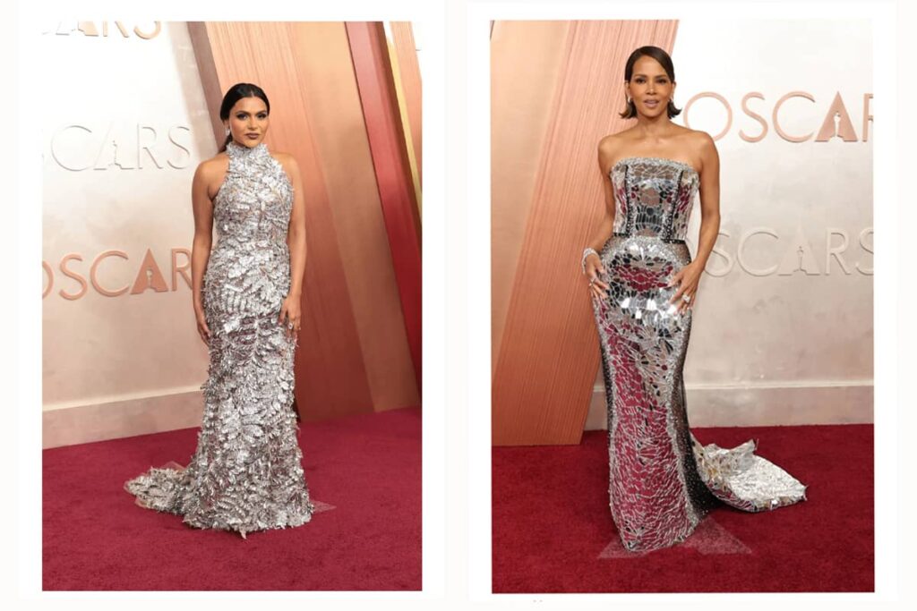 میندی کالینگ و هالی بری در پیراهن‌های متالیک بر روی فرش قرمز اسکار ۲۰۲۵
