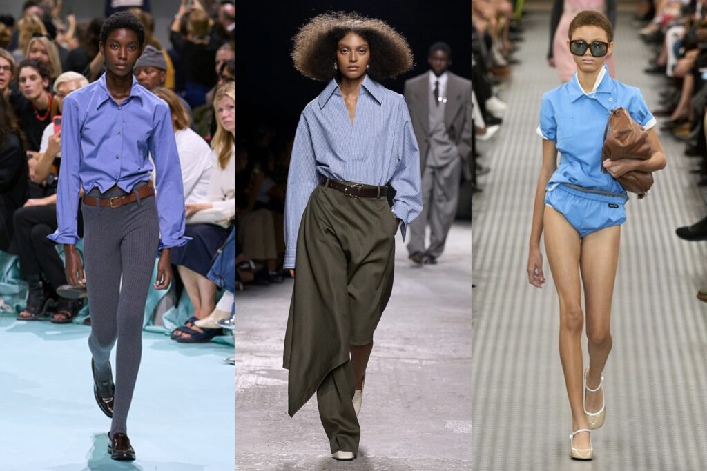 استایلهایی از رنگ آبی و آبیخاکستری در کالکشن برندهای (به ترتیب از چپ به راست) پرادا، بوتگا ونتا و میومیو.