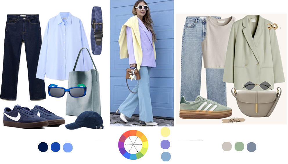 ترکیب رنگهای پاستلی با رنگهای نود (سبزپاستلی و بژ)، ترکیب رنگهای مکمل (زرد و بنفش)، ترکیب مونوکروم (طیفهای تیره تا روشن رنگ آبی)