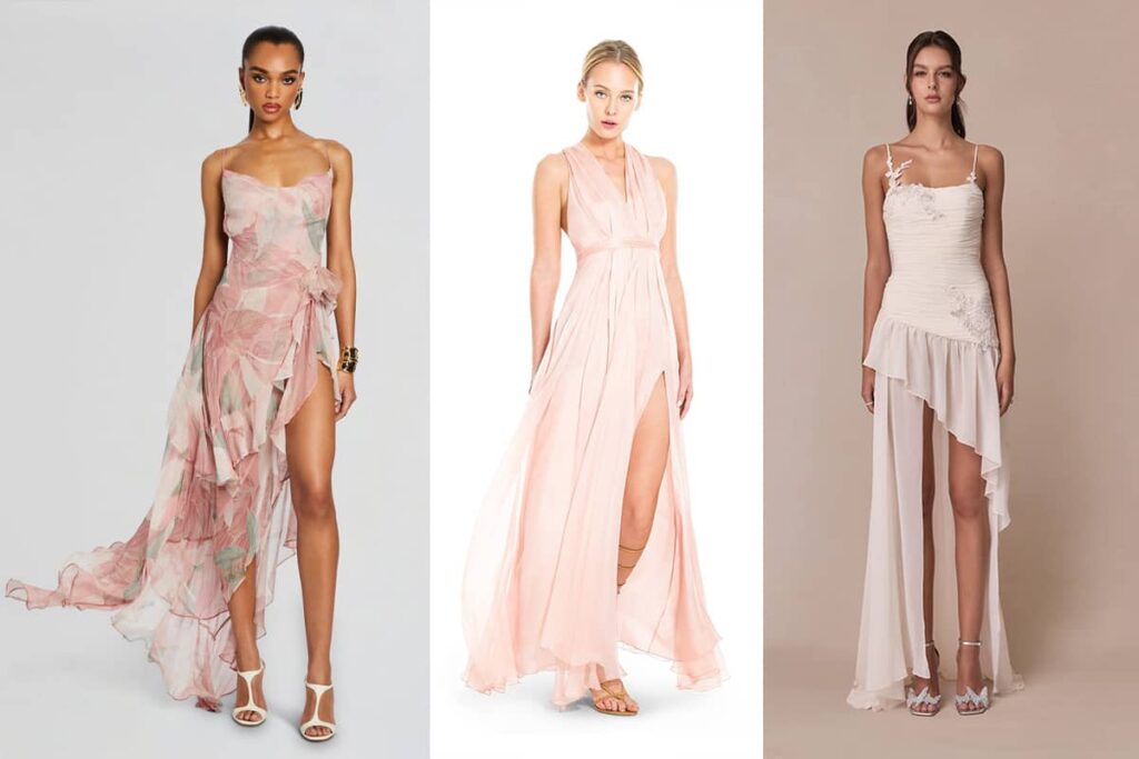 چندمدل پیراهن نامتقارن و دراپه با پارچه حریر