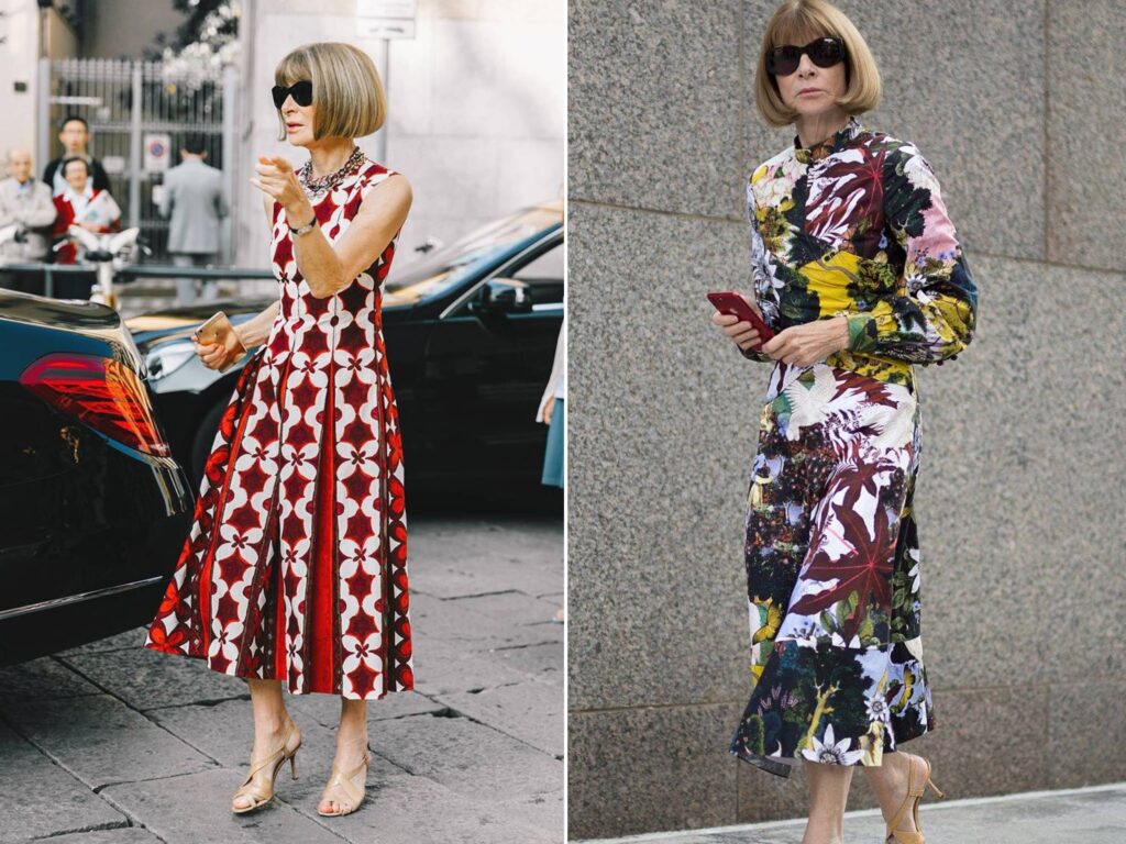 آنا وینتور در استایلی با پیراهن بلند پترندار بههمراه کفشهای کرم جلو باز