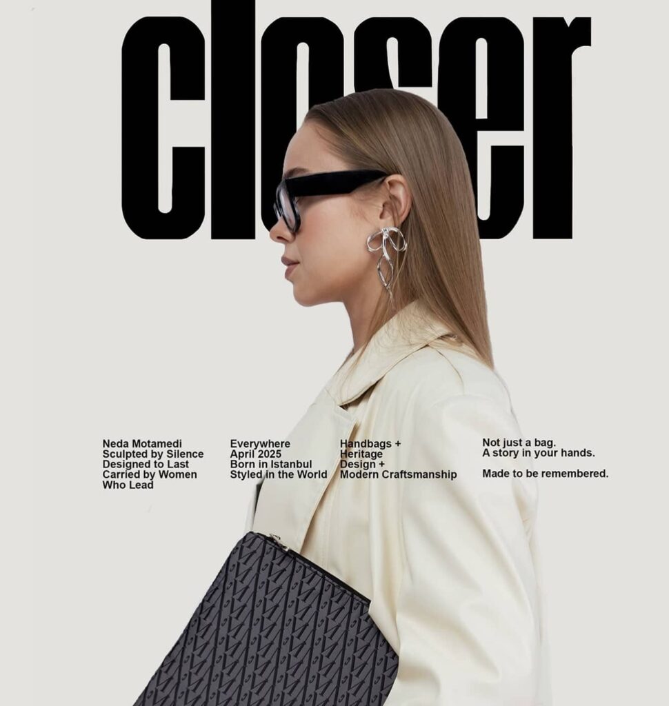 تصویری لوگو خورده از یک زن و کیفی از برند نموتی